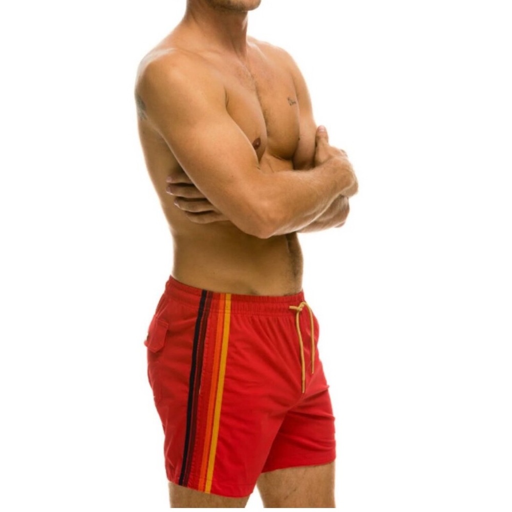 Aviator Nation Men’s 5-stripe flex red swim trunks (size 31 NWT)